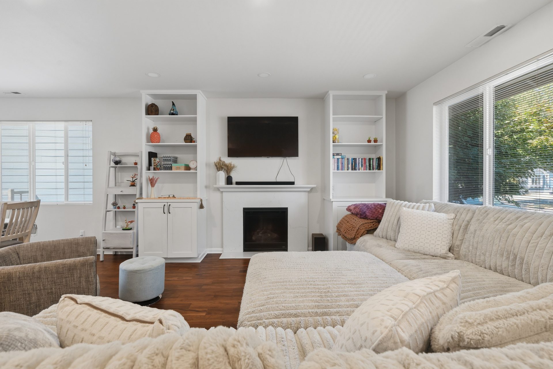 Living Room · The Fireplace at Center